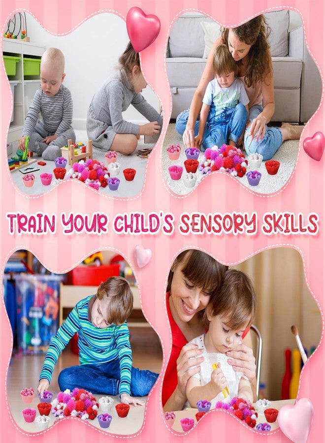 Silipull 752 Pcs Valentine Fine Motor Skills Sensory Bin Filler Includes 100 Heart Acrylic Gems 618 Pom Pom 18 Hedge Balls 4 Tweezers 2 Scissors Clips 10 Sorting Bowls for Boys Girls Sorting Counting - Image 5